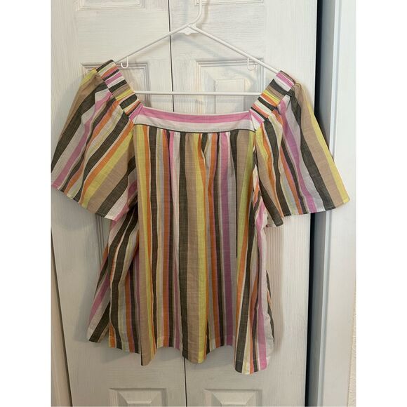 Loft Women's Striped Square Neck Blouse Green Pink Size XLP Petites - Picture 6 of 7